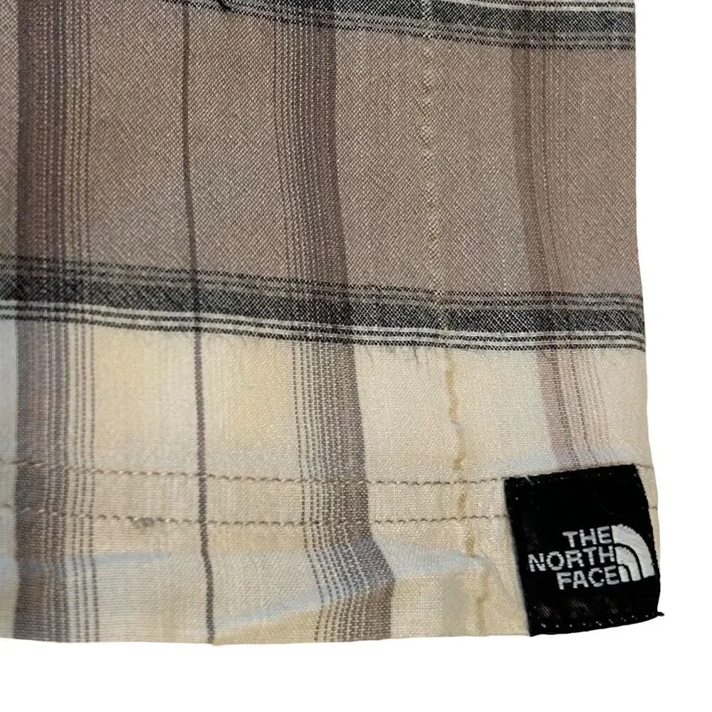 North Face Button Up Shirt Men’s Size MED Short Sleeve Beige Cream Plaid Outdoor